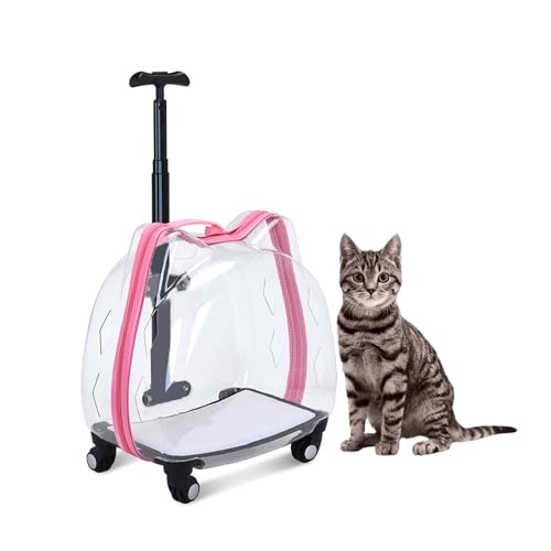 Sooar Transparenter Haustiertransportrucksack Auf Rädern Tragbarer Rucksack für Katzen mit Katzenkopfform und Teleskopgriff Haustier Reisetasche für Kleine und Mittlere Hunde/Katzen (Color : Pink)