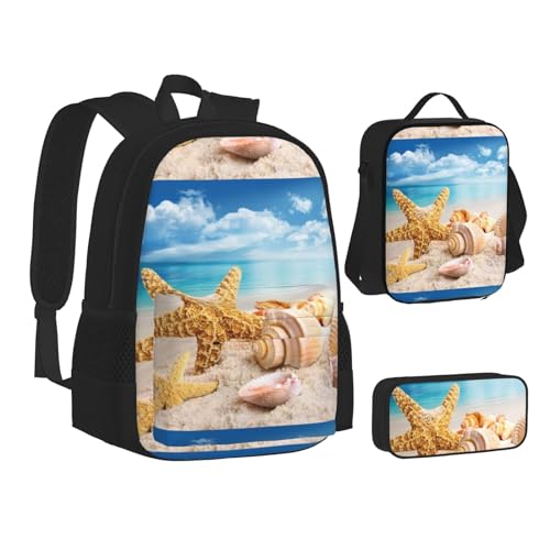 WURTON London Print Teenage Bookbag Lunch Bag Pencil Case 3 in 1 School Backpacks Set Kids Backpack, Seestern Muschel Ocean Beach, Einheitsgröße