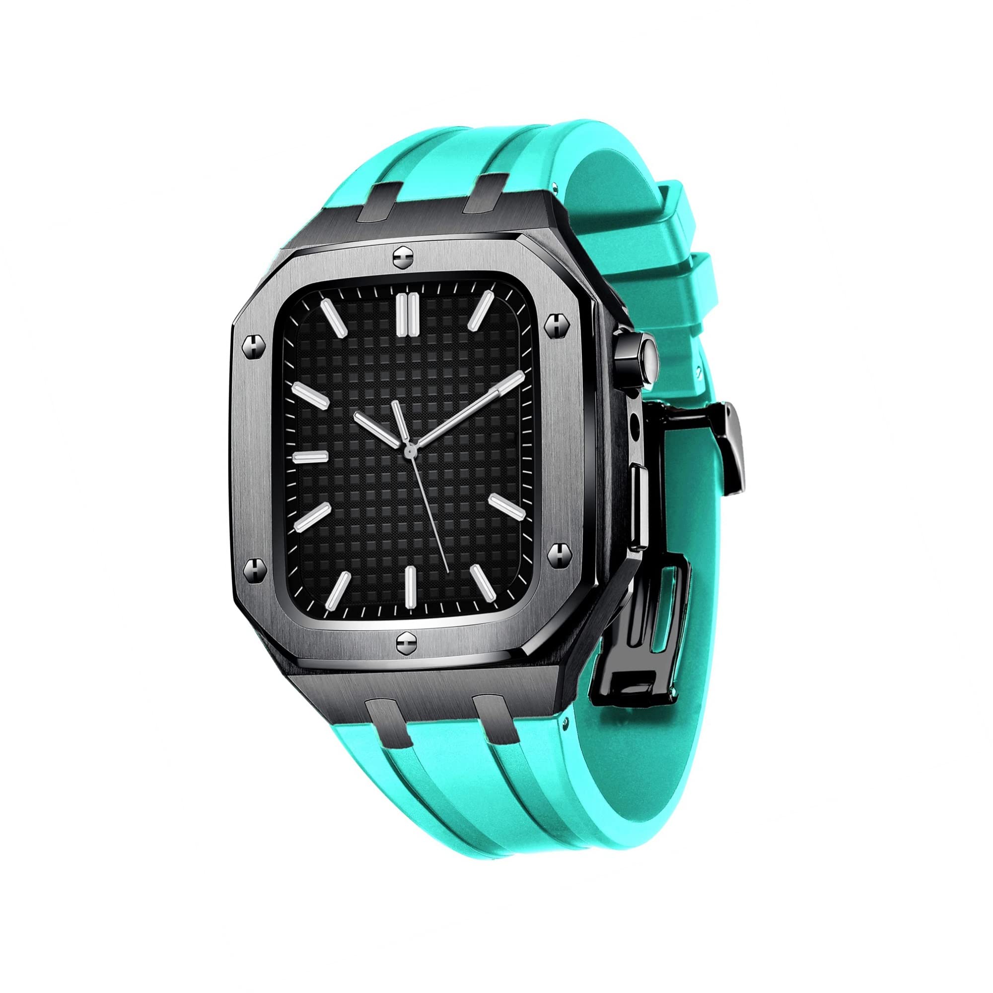 KANUZ Herren und Damen, Militär-Metallgehäuse für Apple Watch, 45 mm, 44 mm, Silikonband, stoßfest, Stoßstange, Business-Casual-Stil, Uhrenarmband für iWatch Serie 7/SE/6/5/4 (Farbe: Schwarz, Seegrün,