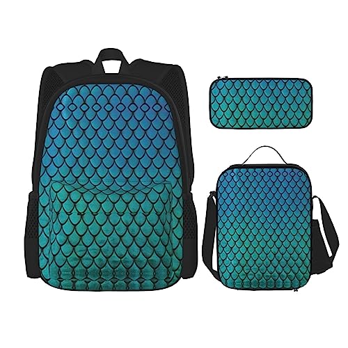 WURTON Blauer Fischschuppen-Druck, 3-in-1-Sets, lässig, verstellbarer Schulter-Rucksack, Lunch-Tasche, Federmäppchen, Beutel, Schwarz, Einheitsgröße