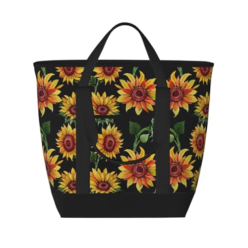 YQxwJL Einkaufstasche mit schönem Sonnenblumen-Aufdruck, großes Fassungsvermögen, isolierte Lunchtasche, wiederverwendbare Einkaufstasche mit Reißverschluss für Damen und Herren