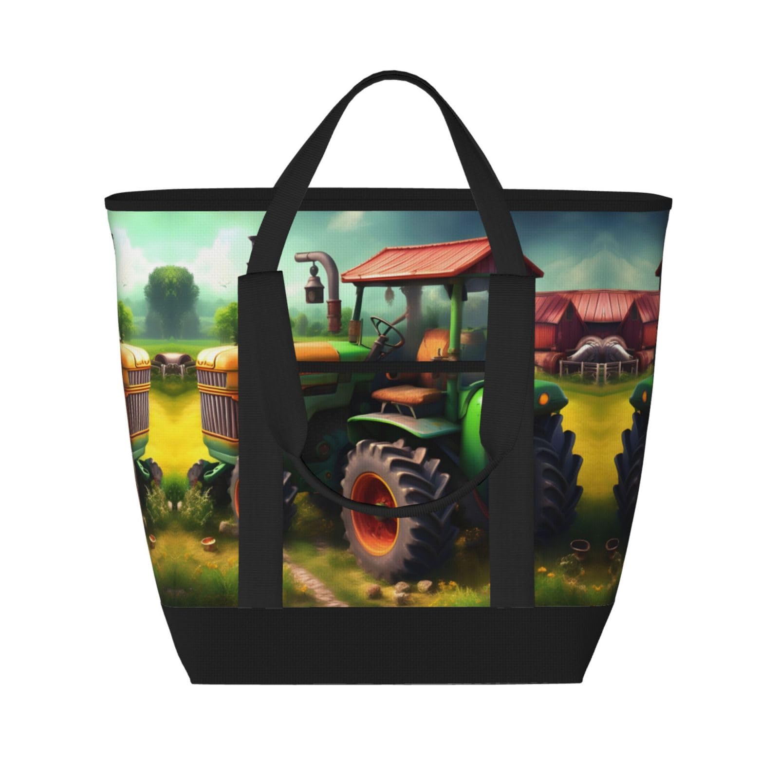 YQxwJL Isolierte Kühltasche mit Fantasy-Farm-Traktor-Druck, großes Fassungsvermögen, Einkaufstasche, Reisetasche, Strand, wiederverwendbare Einkaufstasche für Erwachsene, Schwarz, Einheitsgröße