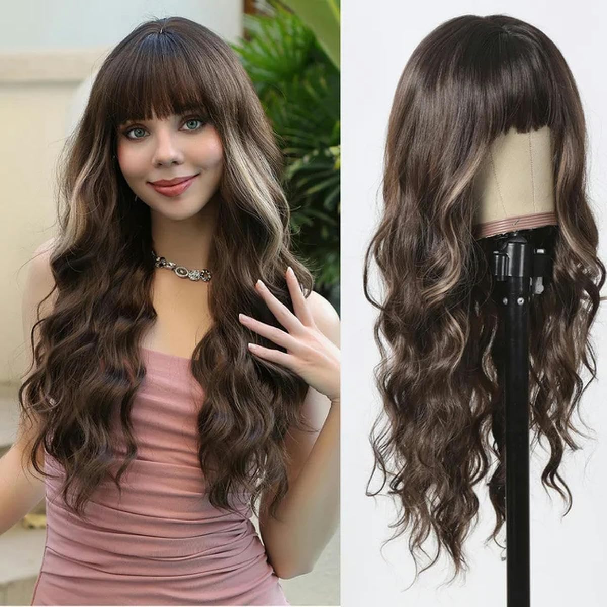 Lange dunkelbraune synthetische lockige Perücke mit Pony für Frauen, Highlight-blonde, gewellte Naturhaar-Perücke, hitzebeständig, für den täglichen Gebrauch, Party-Wig-LC8155-1