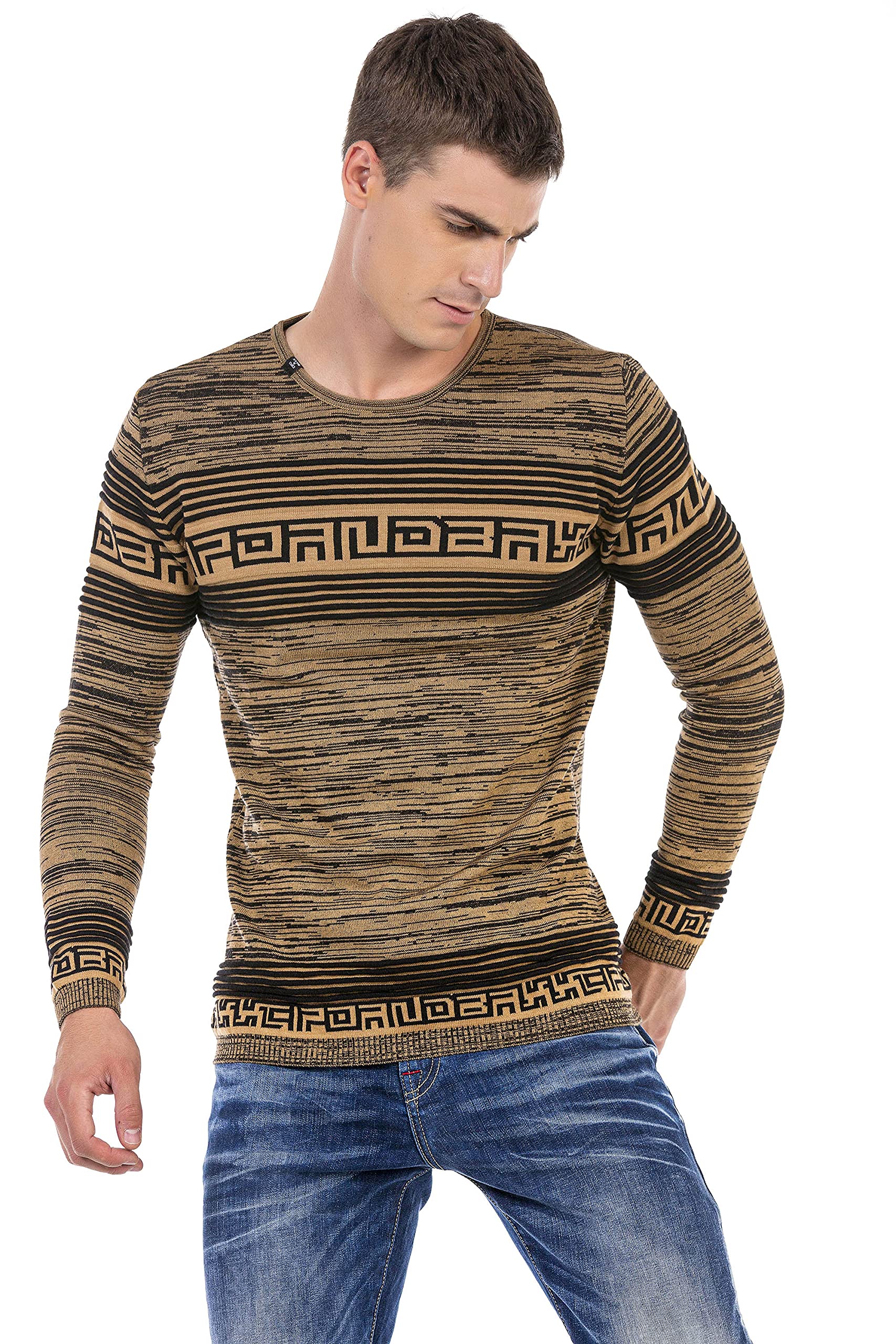 Cipo & Baxx Herren Strickpullover Streifen Muster Strick Rundhals Langarm Pullover CP244 Camel M