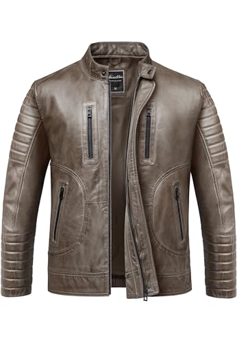 Amaci&Sons Herren Echtleder Jacke Biker Zipper Lederjacke 9105 Grau S