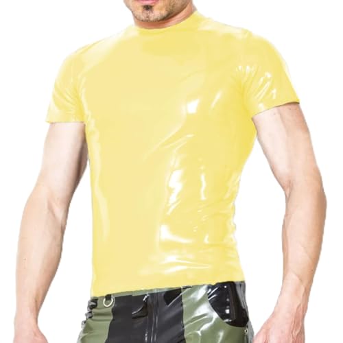 Herren Kunstleder Elastische Stange Bühnenleistung Slim Tops Kleidung Kostüm, Hellgelb, 4XL