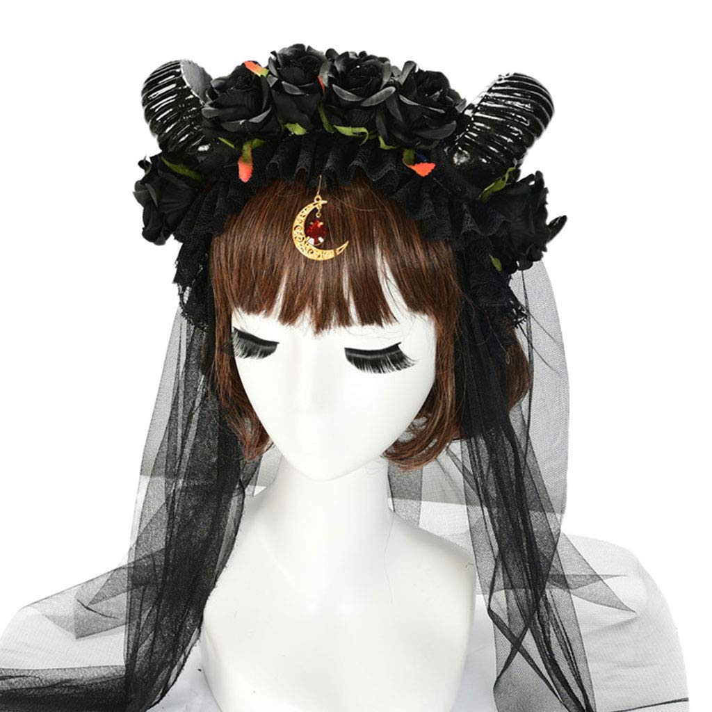 Halloween Cosplay Stirnband Schafhorn Schwarze Rose Blume Haarreifen Lange Mesh Schleier Mond Anhänger Karneval Party Kopfschmuck Haarbänder Männer Lange Haare