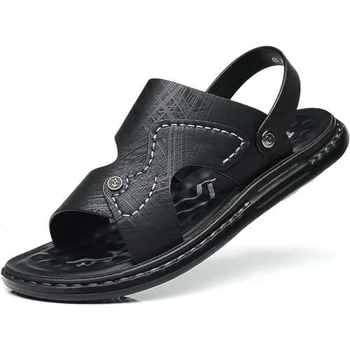 Schwarz,43,Herren-Slipper mit Fußgewölbeunterstützung, Strandschuhe, PU-Leder-Outdoor-Sandalen, Peep Toe, rutschfest, atmungsaktiv, lässiger Sommer-Slipper