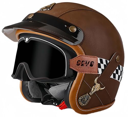 3/4 Vintage Helm Retro Motorradhelm Erwachsene Halbhelm ECE Approved Vintage Für Männer Und Frauen Mit Schutzbrille Offenes Gesicht Mopedhelm G,XL61-62CM