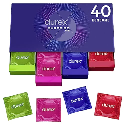 Durex Surprise Me Kondome in stylischer Box – Aufregende Vielfalt, praktisch & diskret verpackt - für extra Stimulation & intensive Befriedigung – 40er Pack (1 x 40 Stück)