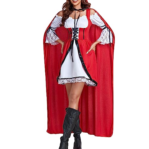 Rotkäppchen-Kostüm für Damen, Halloween, Renaissance, Korsett, Schnürung, Kapuzenumhang, Cosplay, 2-teiliges Outfit