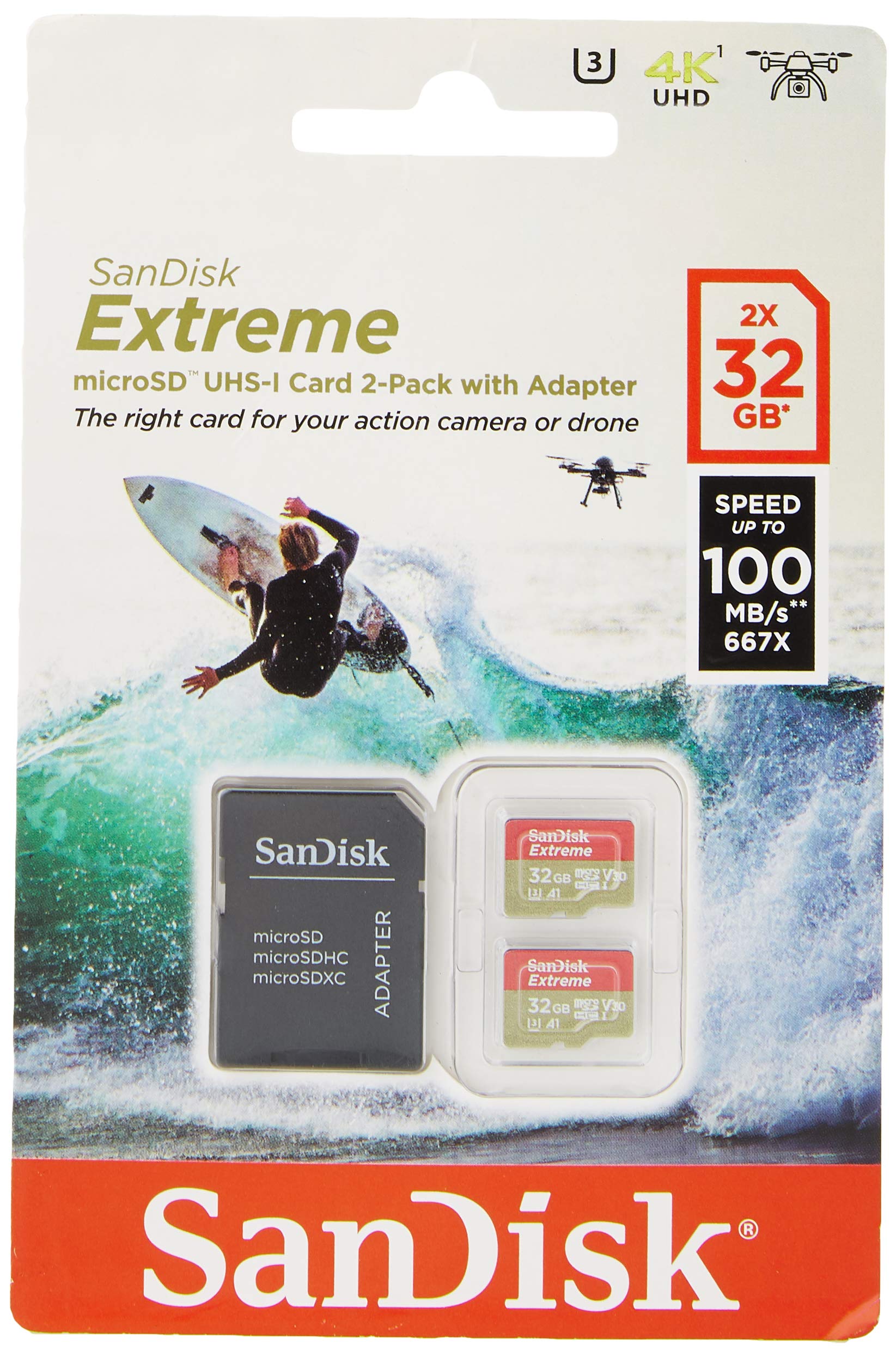 SanDisk Extreme 32 GB microSDhC Memory Card for Action Cameras and Drones with A1 App Performance up to 100 MB/s, Class 10, U3, V30 - Twin Pack