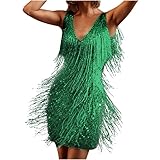 RKaixuni Damen Abschlussball Flapper Kleider 1920er Jahre Pailletten Fransen Quaste Kleider ärmellos formell Cocktail Gala Kleid 20er Jahre Kostüm, grün, X-Large