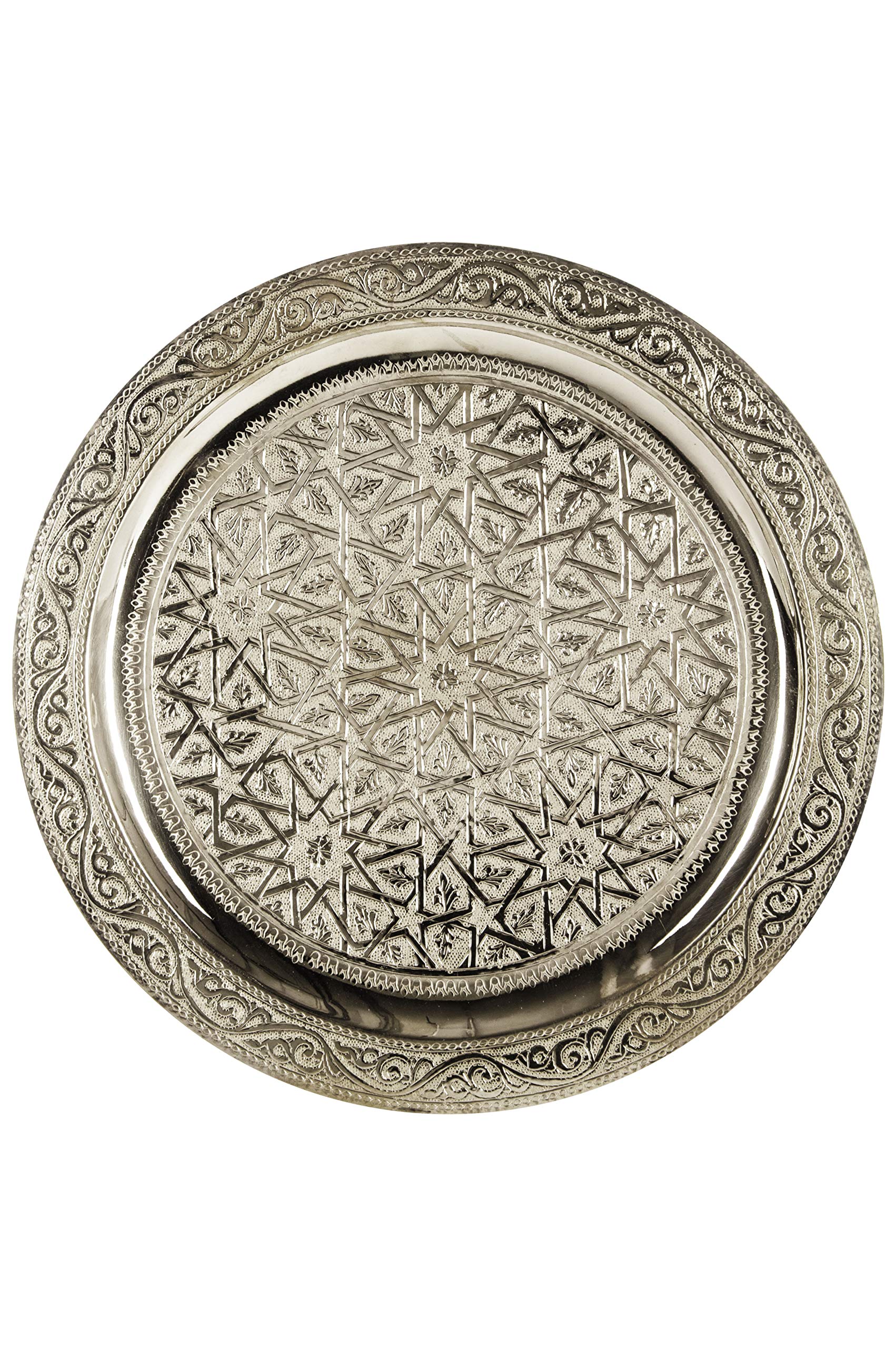 Orientalisches rundes Tablett aus Messing Mehdia 30cm Deko Silber | Marokkanisches Teetablett in der Farbe Silber | Orient Kupfertablett silberfarbig | Orientalische Dekoration auf dem gedeckten Tisch