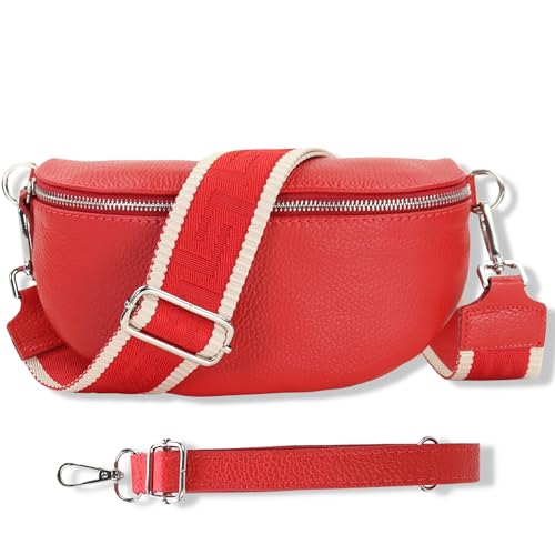 Blade Bauchtasche Damen Echtleder, stylische Gürteltasche Damen mit 2 gemusterten und Leder abnehmbaren & verstellbaren Breiten Gürteln, Crossbody Bag Damen, Hochwertige Brusttasche für Frauen-ROT