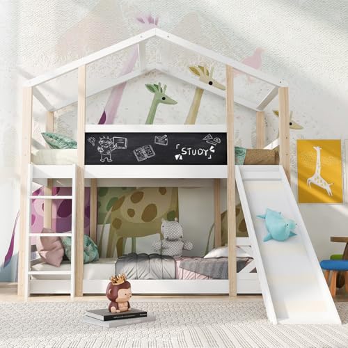 Qiang Kinderbett Baumhaus mit Rutsche & Leiter & Schreibblock 90 x 200 cm, Hochbett für Kinder– 2X Lattenrost- Natur & Weiß,Für Kinder Und Jugendliche