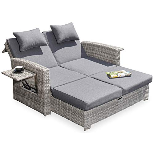 Green Spirit - Garten Multifunktions-Sofa Sunny - Hellgrau, Poly-Rattan, Wetterfest, kann in wenigen Augenblicken von einem Garten-Sofa/Garten-Bank zum Garten-Bett/Garten-Liege umgeklappt Werden