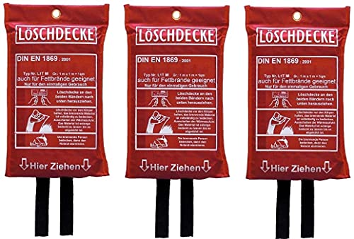 Brandengel Premium Löschdecke DIN EN 1869:2001 Brandschutzdecke 1 x 1 m auch für Fettbrände Fettbrand Küche Feuerlöschdecke Auto 100 x 100 cm 3 Stück