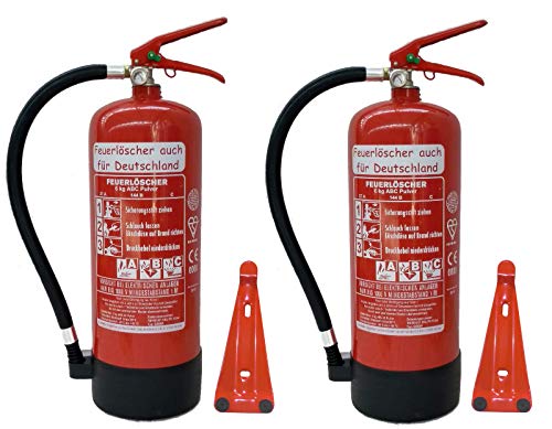 2 x 6 kg Feuerlöscher EN3 ABC Pulver Messingarmatur + Sicherheitsventil + Manometer + Standfuß + Wandhalterung Pulverlöscher