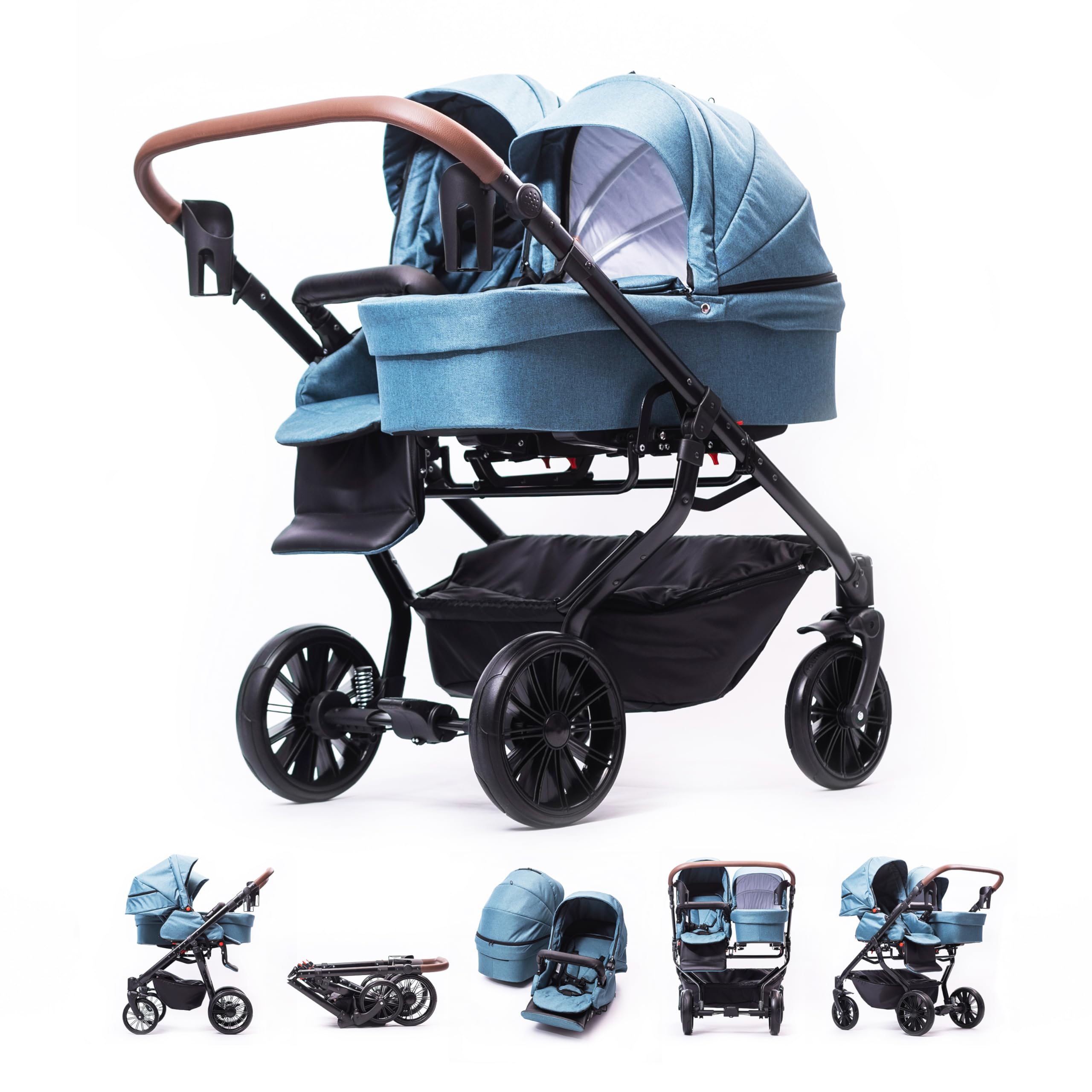 ZEKIWA Geschwisterwagen 3 in 1 [+ SPORTWAGENAUFSATZ] Zwillingswagen 3 in 1, Gestell schwarz + Wickeltasche + Regenschutz Kinder Duo - Zekiwa DreamDuo Azur