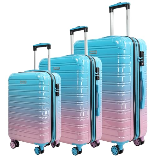 Blade Kofferset 3 Teilig Erweiterbar - Hartschalen Koffer Trolleys - Leichter Rollkoffer Handgepäck aus ABS+PC mit TSA Schloss - 4 Spinner Räder Koffer - 3er Reisekofferset (Blau-Pink-Set)