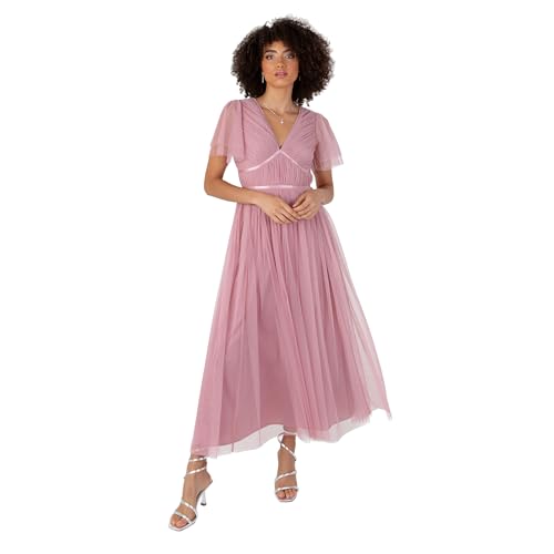 Anaya with Love Damen Women's Ladies Midaxi Dress V-Neck Short Flutter Sleeve Ribbon A-line Tulle for Bridesmaid Wedding Guest Prom Ball Gown Kleid, Bridal Rose,