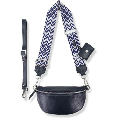 Blade Bauchtasche Damen Echtleder, stylisch Umhängetasche Damen, Crossbody Bag Damen mit 2 abnehmbaren verstellbaren Schultergurten und mit ETUI für Airpods Pro/3 für Frauen-Navy (Mittel/OPT-4)