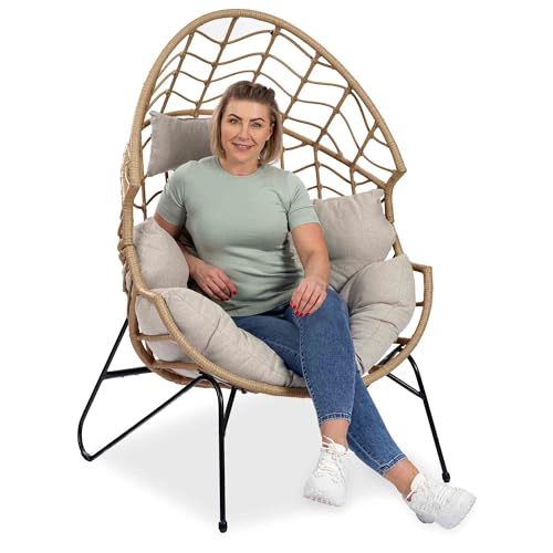 di volio Gartensessel Alcamo, Relaxsessel für Garten, Balkon und Terrasse, Relaxliege aus witterungsbeständigem Polyrattan + Fleecedecke (Beige/Beige)