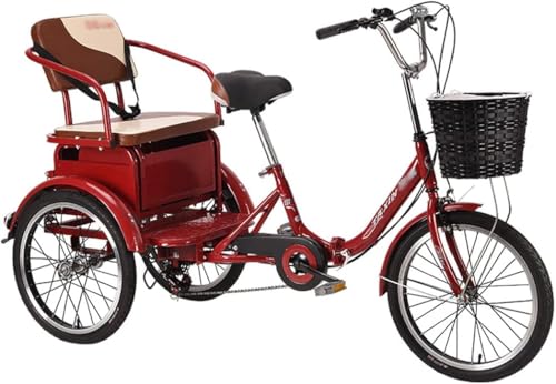 Dreirad für Erwachsene, 20 Zoll, dreirädriges Cruiser-Fahrrad, 6-Gang-Rahmen aus Karbonstahl mit Rücksitz und Einkaufskorb, für Senioren, Damen und Herren, Radfahren, Treten (rot)