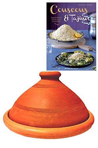 Tajine original aus Marokko, inklusive Kochbuch Vegetarischer Genuss aus Nordafrika, Tontopf zum Kochen, Tuareg Ø 26cm, für 1-3 Personen, handgetöpfert aus Marrakesch, unglasiert, frei von Schadstoffe