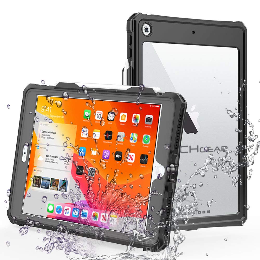 TECHGEAR Wasserdichte Hülle für iPad 10.2 2021/2020/2019 [9. 8. 7. Generation] {Poseidon Case} Schlanke Robuste Rüstung Stoßfest, waterproof, mit eingebauter Displayschutzfolie + Ständer & Umhängeband