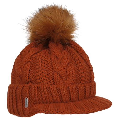 McBURN Britta Cable Knit Peak Pull On Mütze Bommelmütze Wintermütze Strickmütze Damen - Made in Italy mit Schirm, Futter, Futter Herbst-Winter - One Size rost