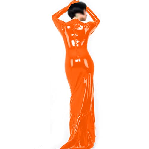 Hoher Ausschnitt Langarm Leder PVC Abendkleider Rückenfrei Partykleider Damen Bademäntel Vestidos,Orange,L