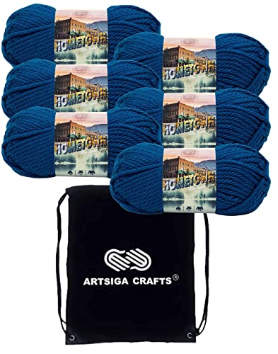 Lion Brand Hometown Garn Athens Blue Sky 135-116 (6 Skein) Gleicher Farbstoff Lot Gewicht S Bulky #6 Weiches Strickgarn Häkeln 100% Acryl Bündel mit 1 Artsiga Basteltasche