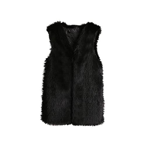 RKaixuni Damen Flauschige Kunstfell-Weste Mäntel Ärmellose Winterjacken Warm Teddymantel Open Front Cardigans Mädchen Kleidung, Schwarz , 50