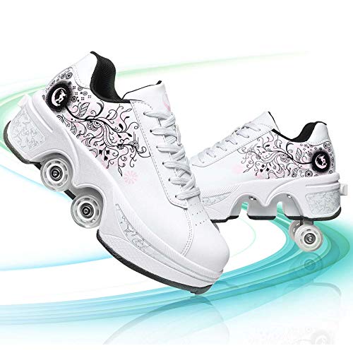 Pinkskattings@ Damen Und Mädchen Rollschuhe Skateboard Schuhe Kinderschuhe Mit Rollen Skate Shoes Rollen Schuhe Sportschuhe Laufschuhe Sneakers Mit Rollen Kinder (Weiß