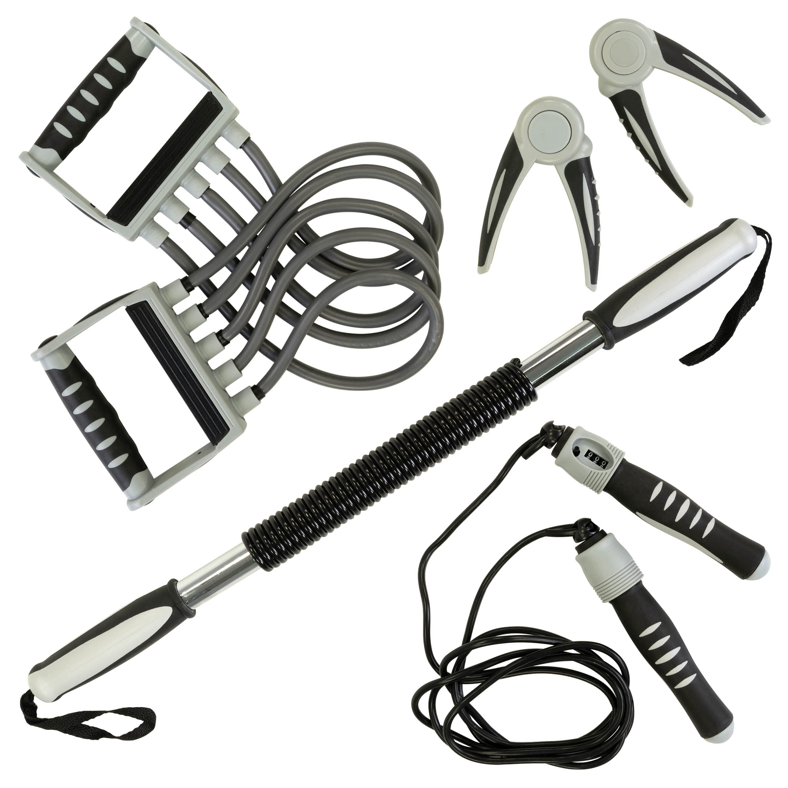 MAXXIVA Fitness Set 5tlg. Expander Springseil Handtrainer Biegehantel Sport-Set Hometrainer Fitnesstraining Workout