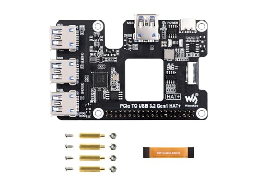 Waveshare PCIe to USB 3.2 Gen1 HAT+ Expansion Card for Raspberry Pi 5, PI5 Adapter Board, 4 USB Ports, 1-to-4 High-Speed USB Ports, HAT+ Standard, with Power Monitoring Chip & Fan Vent, Plug and Play