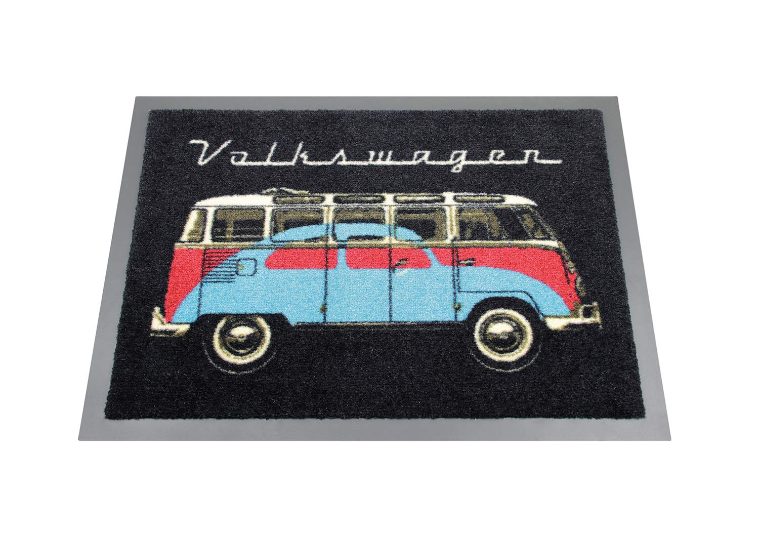 BRISA VW Collection - Volkswagen Fuß-Matte-Tür-Vorleger-Schuh-Schmutzfang-Abstreifer mit T1 Bulli Bus Motiv (Bus & Käfer/Schwarz)