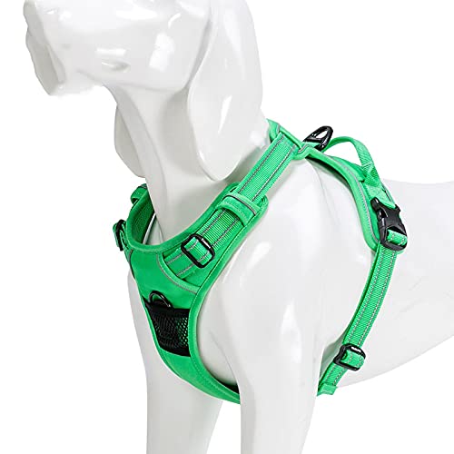 Reflektierendes Nylon-Hundegeschirr für gro?e Hunde, rund um die Uhr, verstellbare Sicherheits-Auto-Leine, Leder, Gr??e 69–81 cm, Grasgrün
