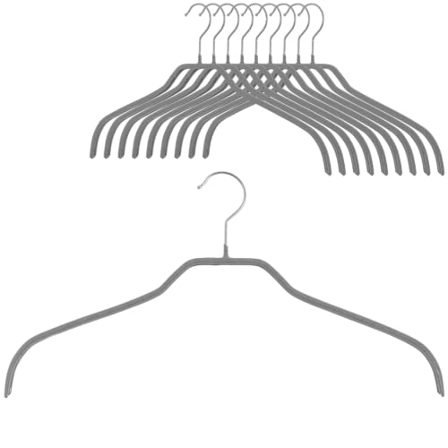 MAWA Kleiderbügel, 10 Stück, Platzsparende und rutschfeste Oberteilbügel für Hemden & Blusen, 360° Drehbar, Hochwertige Antirutsch-Beschichtung, 41 cm, Steingrau