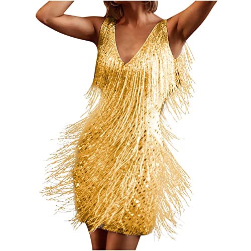 RKaixuni Damen Abschlussball Flapper Kleider 1920er Jahre Pailletten Fransen Quaste Kleider ärmellos formell Cocktail Gala Kleid 20er Jahre Kostüm, gold, XX-Large