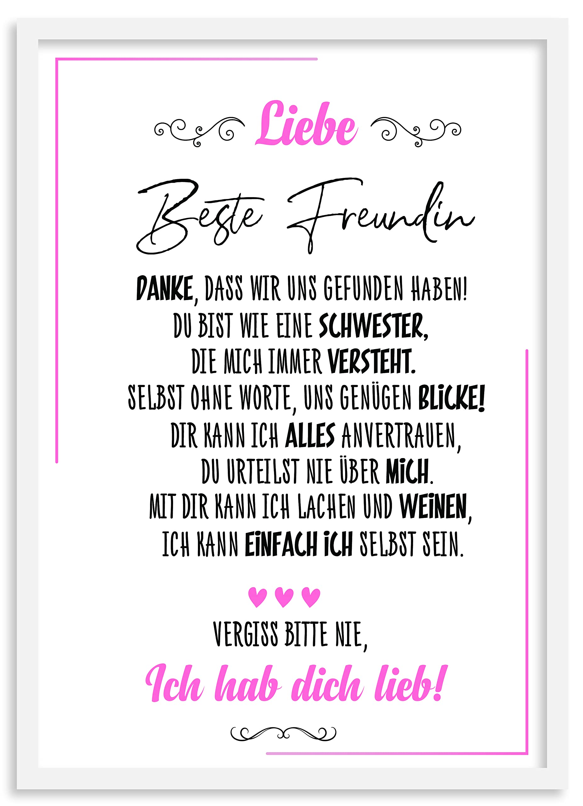 Urhome Kunstdruck Beste Freundin mit Bilderrahmen Weiß in DIN A3 - Ich hab dich lieb Wandbild Poster Wanddeko mit Spruch für Wohnung Familie Freunde Geschenk Geburtstag