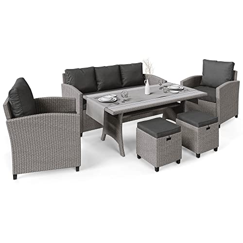 di volio Polyrattan Sitzgruppe Genova - Lounge Set für Garten und Terrasse mit Sofa, 2 Sesseln, 2 Hockern & Tisch - Gartenmöbel-Set in schöner Rattan-Optik (Grau)