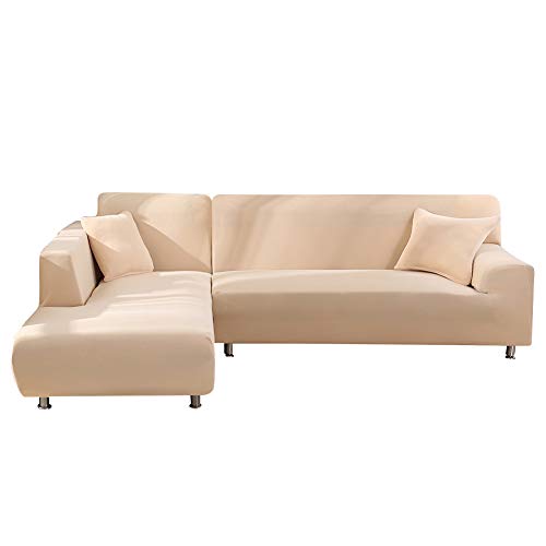 JIAN YA NA Sofa dehnbar Polyester Spandex Bezug Polyester Stoff Stretch Slipcovers + 2 Kissen für Sofa in L (Beige)