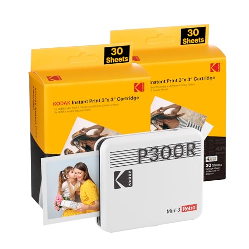 KODAK Mini 3 Retro 4PASS Mobiler Fotodrucker (7,6x7,6cm) - Paket mit 68 Blatt, Weiß