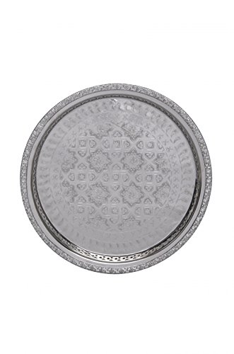Orientalisches rundes Tablett aus Messing versilbert Nadia | Marokkanisches Teetablett in der Farbe Silber | Orient Silbertablett silberfarbig | Orientalische Dekoration auf dem gedeckten Tisch (Ø 32 cm)