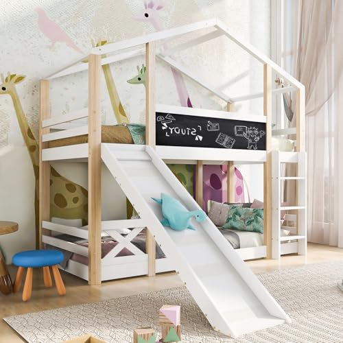 Qiang Etagenbett Kinderbett 90x200 für 2 Kinder,Hochbett mit Treppe und Rutsche,Hausbett mit Rausfallschutz und Lattenrost,Weiß,Ohne Matratze