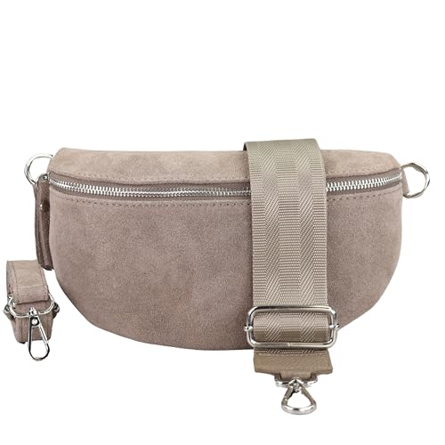 BLADE Bauchtasche Damen, Handgemachte Wildledertasche, Crossbody Bag, Gürteltasche Echtes Leder mit 2 abnehmbaren/verstellbaren breiten Gürteln, Umhängetasche aus Italien, Geschenk für Sie -Taupe