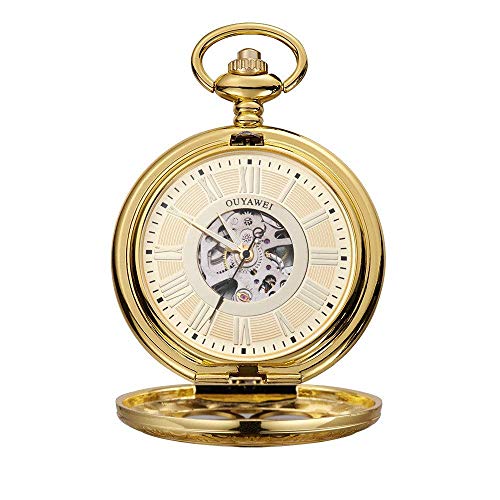 QZH Andenken Taschenuhr, Mechanisch Wasserdicht Retro Perspektive Untere Abdeckung Mechanische Herren Taschenuhr Herren Mechanische Taschenuhr (Gold Shell Gold Oberfläche)